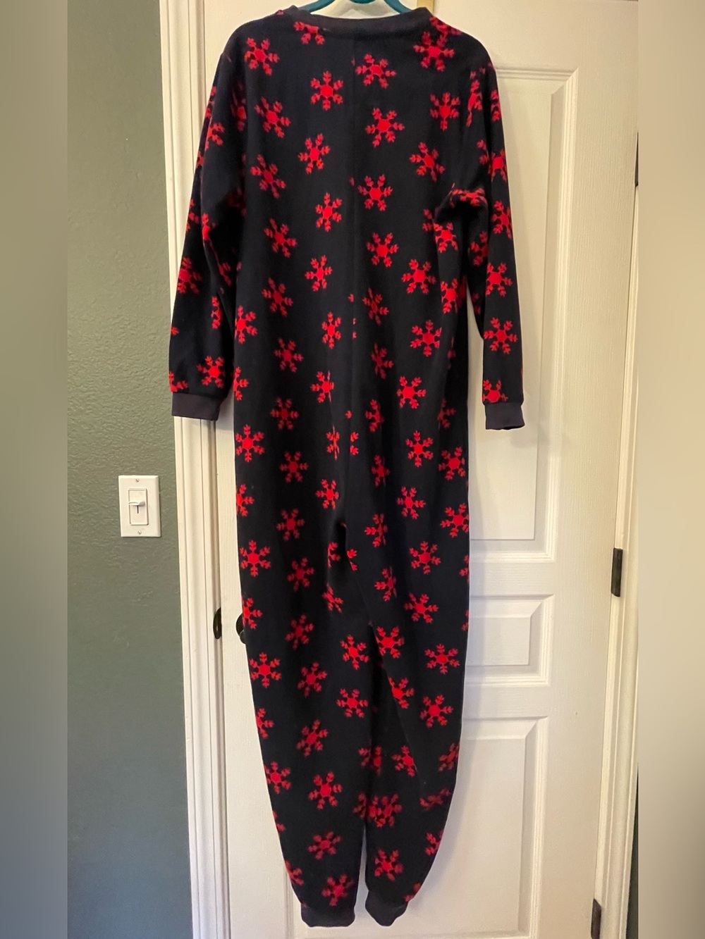 Women or men. Cozy Navy One-Piece Pajama with Red Snowflake Print